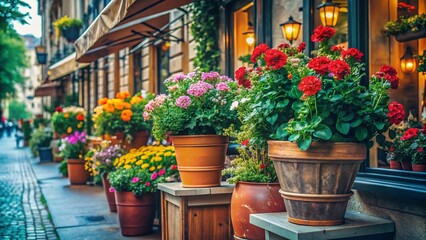 Minimalist Urban Street Scene: Blooming Flowers in Large Pots, City Cafe Decor
