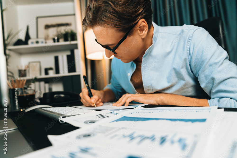 Poster thinking smart businessman surrounded paperwork report paragraph dynamic database analyzing to prese