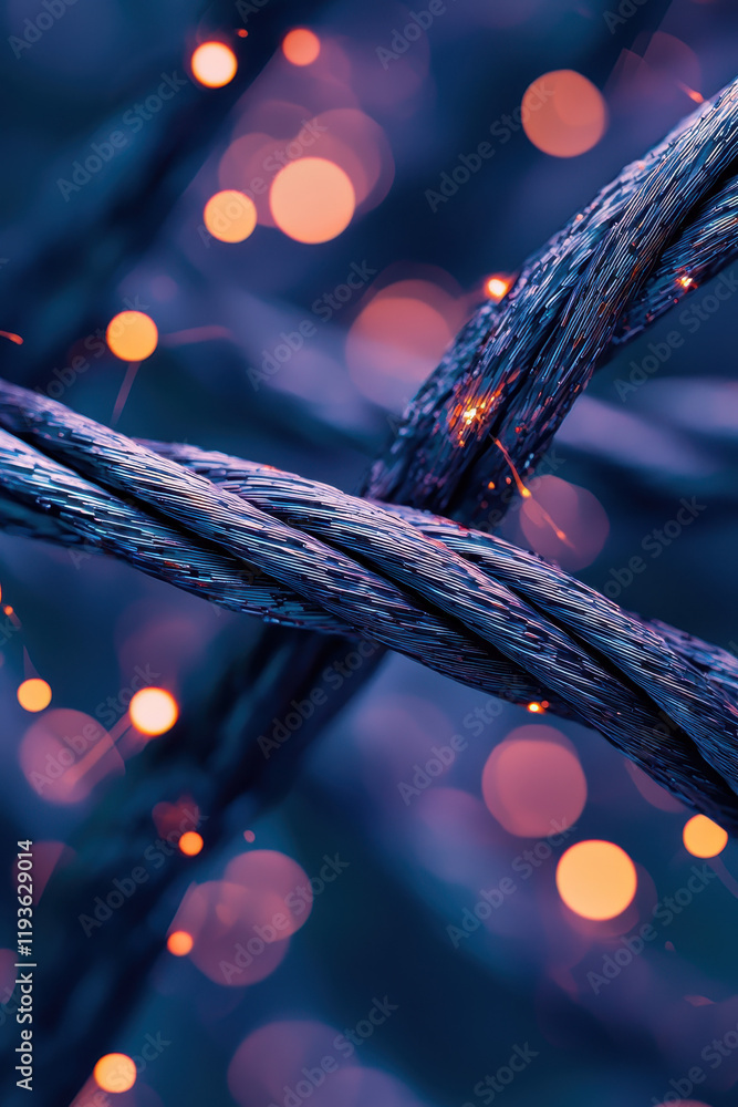 Poster dynamic intertwined technology: mesmerizing abstract wire cables with electrifying bokeh effects and