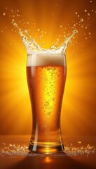 A refreshing glass of beer with a splash effect against a warm, golden background, perfect for promoting beverages, bars, or events.