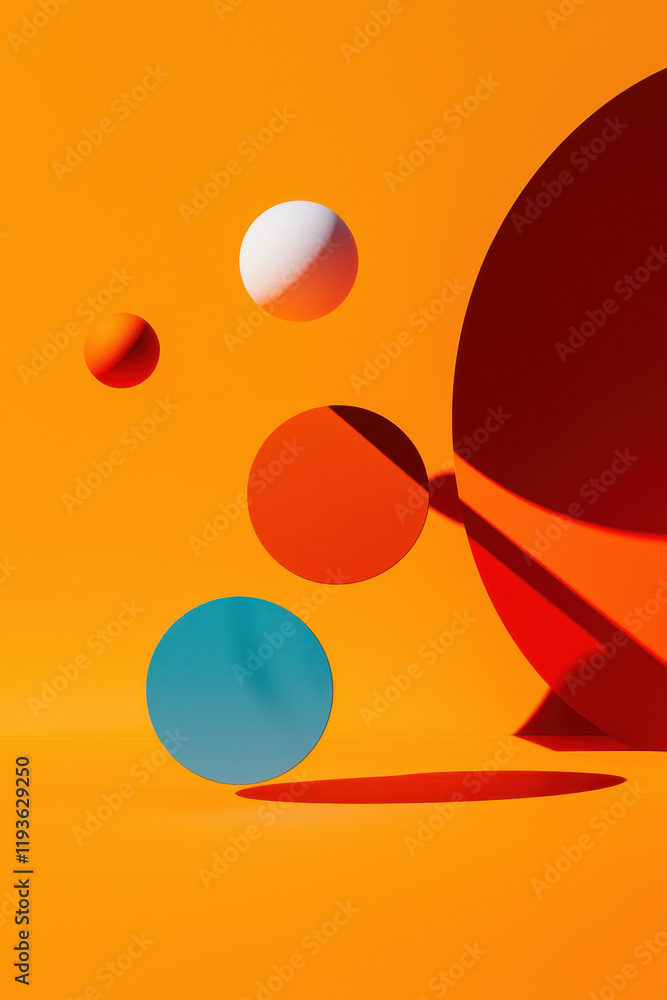Poster dynamic geometric composition with colorful spheres and shadows in minimalist abstract art design