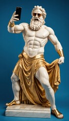 Obraz premium A marble statue of Zeus wearing sunglasses, sitting on his throne and taking selfies with an phone