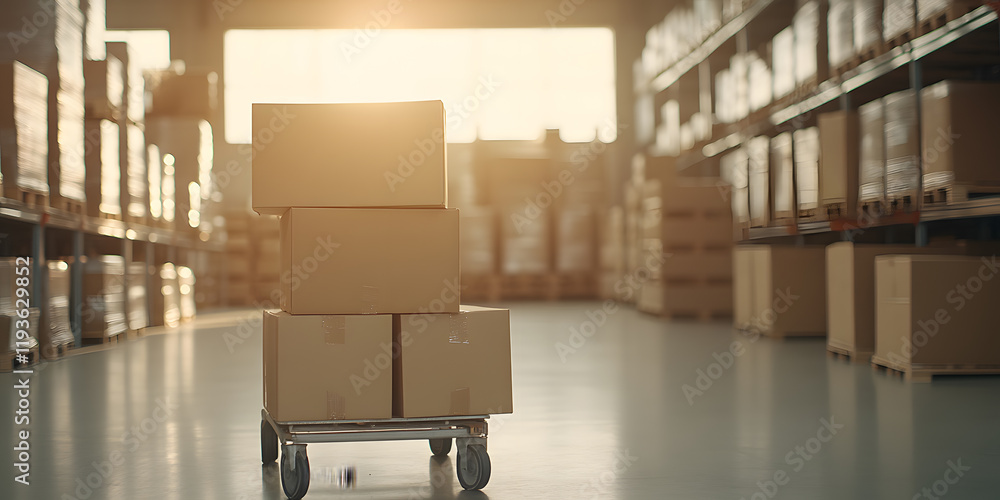 Poster boxes on a handcart in a warehouse. sunlight streams in from a large window, illuminating the scene.