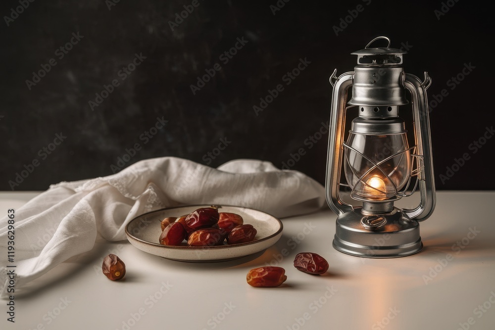 Poster illuminated lantern with dates and fabric on table