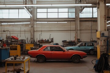 Naklejka premium Car repair shop bustling with activity and various vehicles undergoing maintenance in a spacious garage