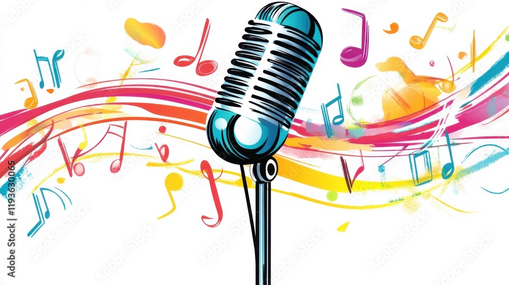 Poster vibrant retro microphone against colorful music notes and swirls, capturing the essence of sound and