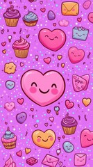 Smiling hearts surrounded by candy and cupcakes create a vibrant kawaii atmosphere full of sweetness and charm