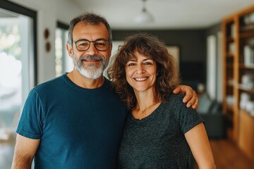 Fototapeta premium Joyful Middle-Aged Couple Embracing New Beginnings in Their Beautiful Home