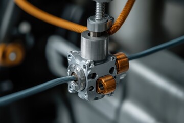 Obraz premium Installation of brake cable with precision components in automotive assembly workshop