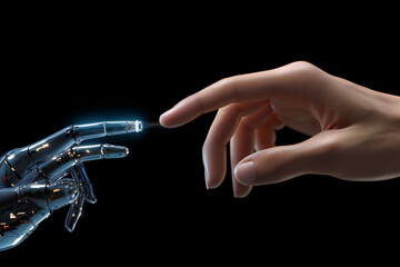 Futuristic Connection Concept, Robotic Hand Interaction, Human and AI Harmony