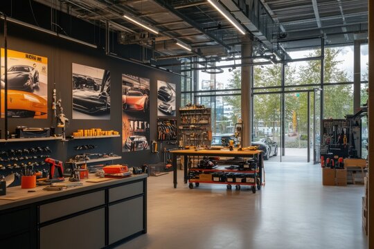 Modern automotive workshop featuring car brand posters and organized tool displays for enthusiasts and professionals