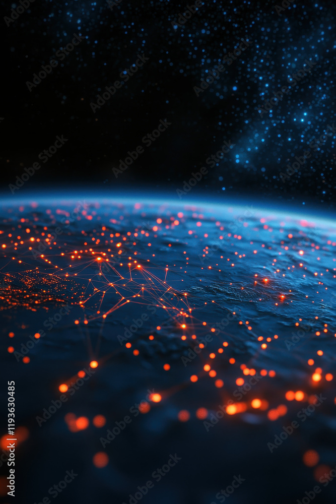 Poster illustration of global digital network on earth's surface showcasing incandescent connectivity with 
