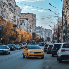 Busy urban street with yellow taxi amidst autumn trees and city buildings in clear sky
