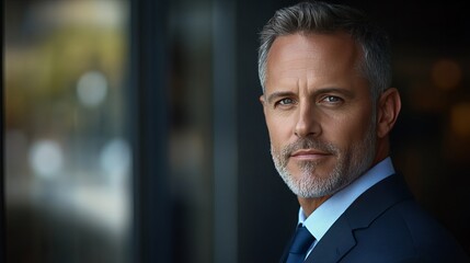 Fototapeta premium Portrait of a Mature Businessman in Suit, Confident Professional with Executive Appearance, Close-up Shot in Modern Office Environment