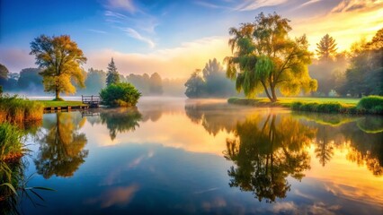 Misty Lake Park: Serene Foggy Morning Landscape Photography