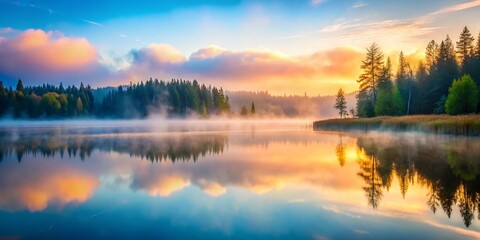 Misty Lake Afternoon: Serene Foggy Water Landscape Background