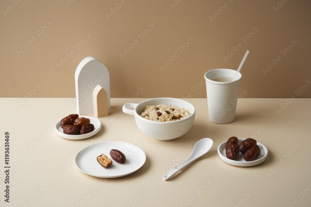 Poster Oatmeal Breakfast with Dates and Drink in Minimalist Setting