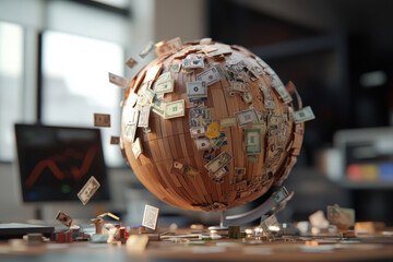 Digital wooden globe showcasing various world currencies in an office environment