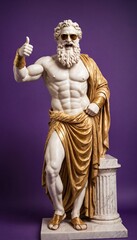 Fototapeta premium Greek marble statue of Zeus wearing sunglasses and gold shorts, giving a thumbs-up gesture against a purple background