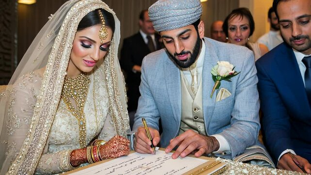 Couple signs marriage certificate during traditional ceremony at elegant indoor venue with family and friends