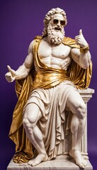 Obraz premium Greek marble statue of Zeus wearing sunglasses and gold shorts, giving a thumbs-up gesture against a purple background