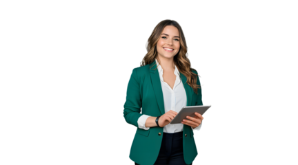 Professional Young Woman in Green Blazer Holding Tablet – Stock Photo