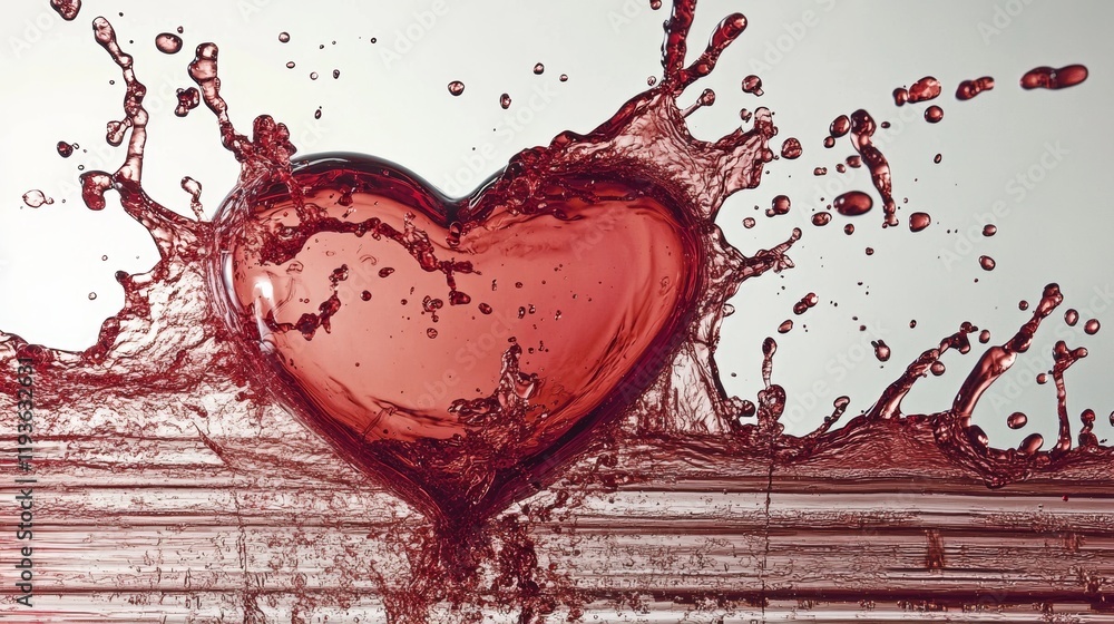 Poster dynamic splash of red liquid forms heart shape with energetic movement in a creative and artistic re