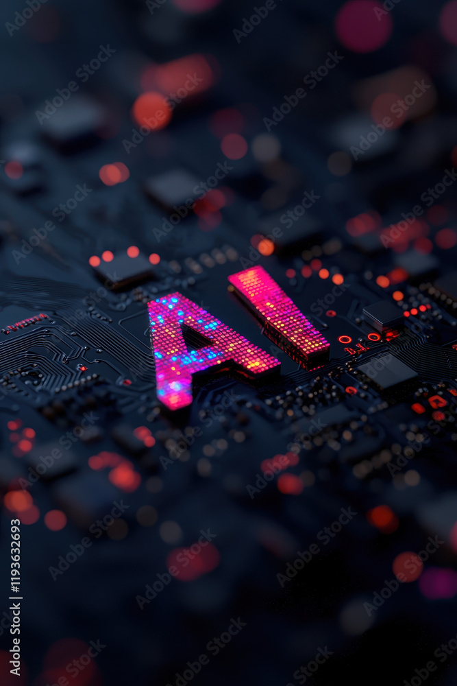 Poster futuristic ai concept: illuminated circuit board with vibrant neon design showcasing advanced techno