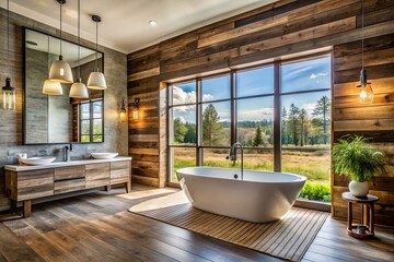 Modern Bathroom Design with Rustic Barn Wood Accents: Stock Photo