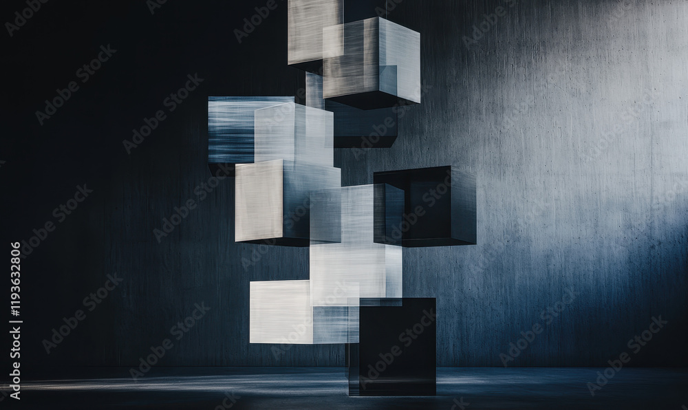 Poster exploring modern abstract minimalism: a dynamic composition of floating cubes in monochrome space