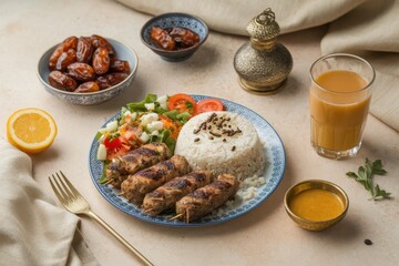 Grilled Kofta Served with Rice Salad and Dates