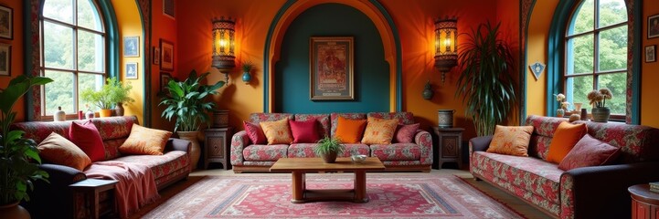 A vibrant and inviting living room featuring colorful decor, cozy seating, and lush plants, perfect for interior design inspiration or home improvement projects.