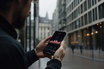 Man analyzes trading data on a smartphone in an urban environment