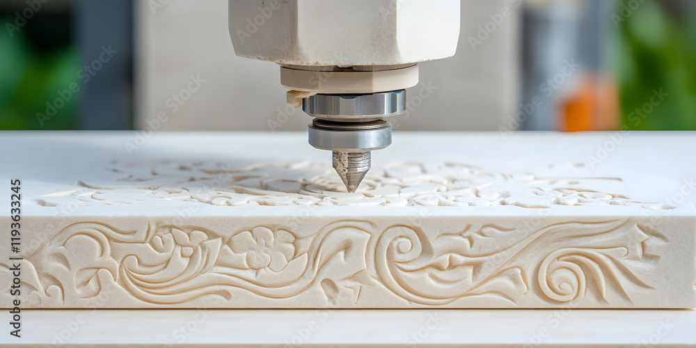 Poster cnc machine carving intricate design into a white surface. precise detail and craftsmanship showcase