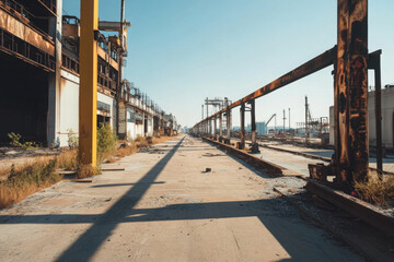 Old burnt-out factory with empty lines and remains of industrial structures in daylight