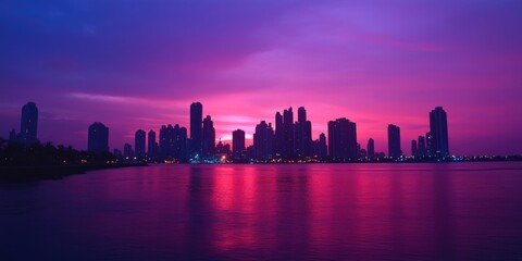 Obraz premium Vibrant Sunset Skyline of Panama City: A Panoramic View of High-Rise Skyscrapers and Bustling Traffic in Central America