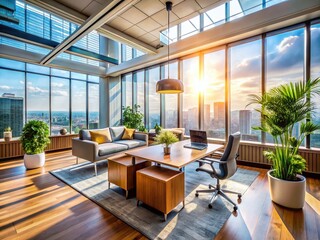 Fototapeta premium Modern Bright Office Interior with Daylight, Blurred Background, Drone Photography