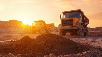 Obraz premium Two dump trucks work on a construction site at sunset, surrounded by dirt and earth, showcasing an active quarry or excavation scene.