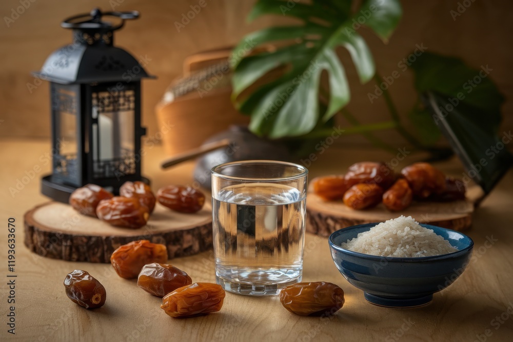 Poster ramadan iftar table setting with dates rice and water