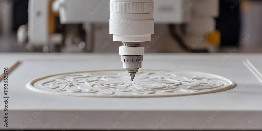 Poster cnc machine precisely carving an intricate design into a white surface. the detail and precision are