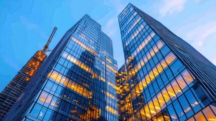 Fototapeta premium A stunning view of modern skyscrapers with reflective glass facades and warm lights, set against a blue sky.
