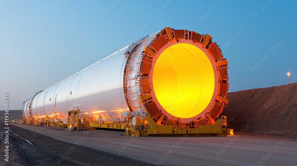 Poster a large tunnel boring machine sits on a construction site, illuminated with a warm glow, showcasing 