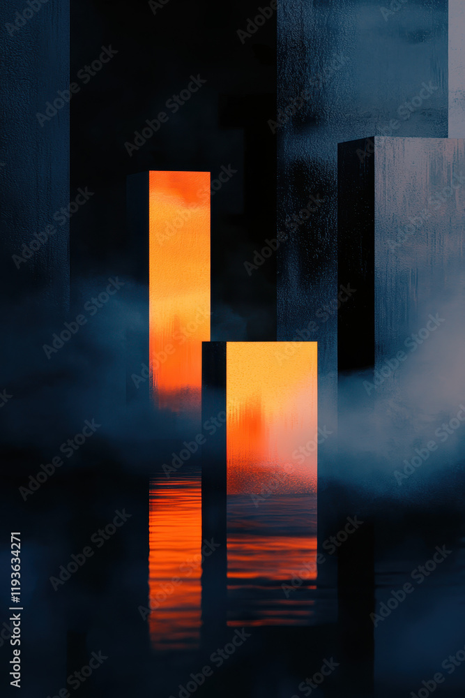 Poster exploring minimalist architectural forms with dramatic light and shadow in surreal urban environment