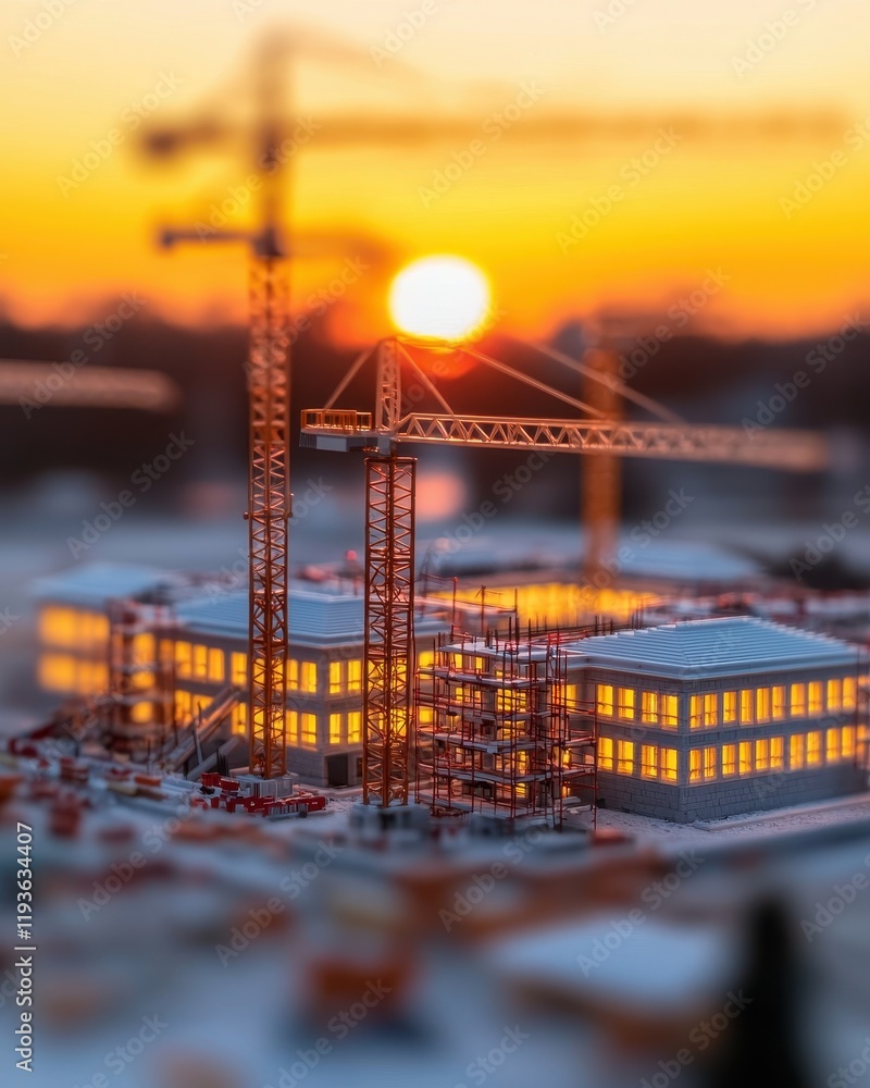 Poster a construction site at sunset, featuring cranes and illuminated building structures, creating a warm