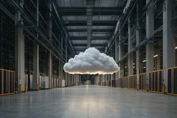 Large cloud represents cloud services for managing extensive data in a warehouse setting