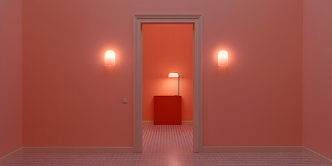 Minimalist interior design with coral walls, subtle lighting, and a modern desk lamp.
