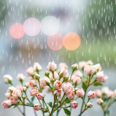 Pink roses blooming in the rain with a soft bokeh background
