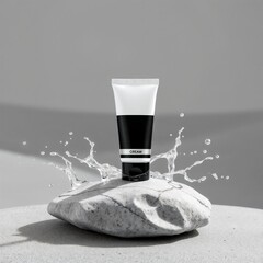 Stylish cosmetic cream tube splashing water on a stone with minimalist background