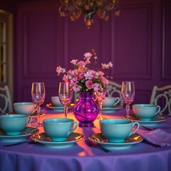 Elegant table setting with pastel colored cups and flowers in a purple dining room