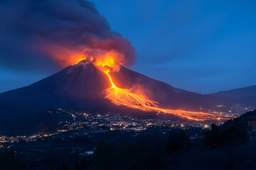 Erupting volcano with glowing lava flowing down its rugged slopes
